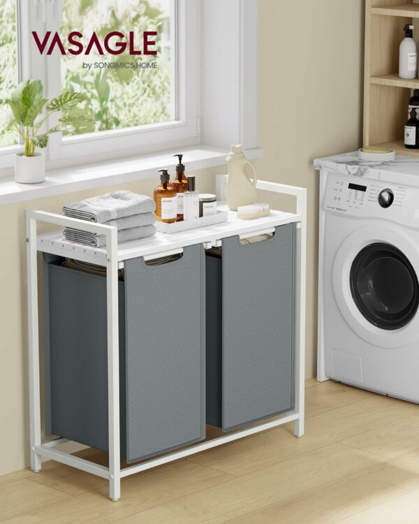 VASAGLE Cos de rufe, 2 compartimente, saci de rufe detasabili, raft, cadru metalic, 2x46L, 73x33x72 cm, alb si gri deschis - Image 2