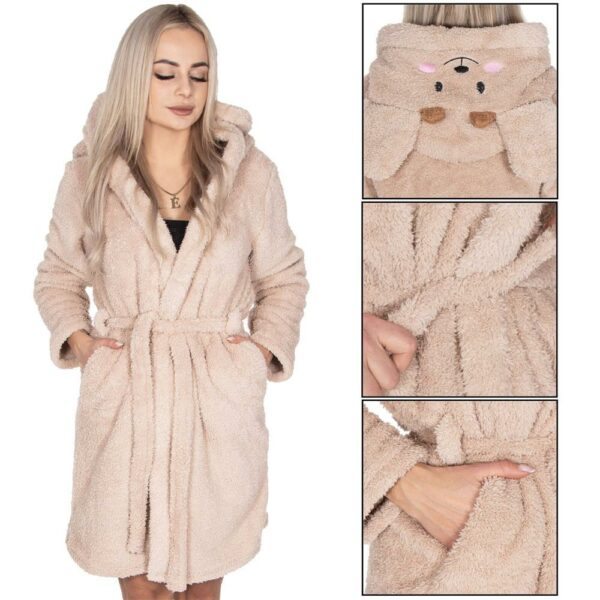 Női térdig érő fürdőköpeny, füles kapucni, L/XL méret, bézs - Image 3