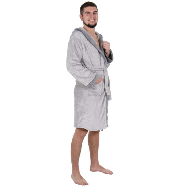 Térdig érő férfi fürdőköpeny, nagy kapucni, M/L méret, szürke - Image 3