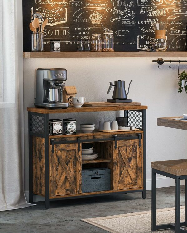 VASAGLE Comoda pentru living sau bucatarie, cu 2 usi glisante, rafturi reglabile, stil rustic, 33x100x80cm, maro si negru - Image 2