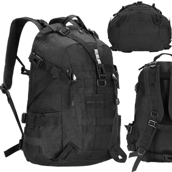 Katonai hátizsák túrázáshoz, hát vastag szellőző béléssel, rekeszes, 40L, fekete - Image 3