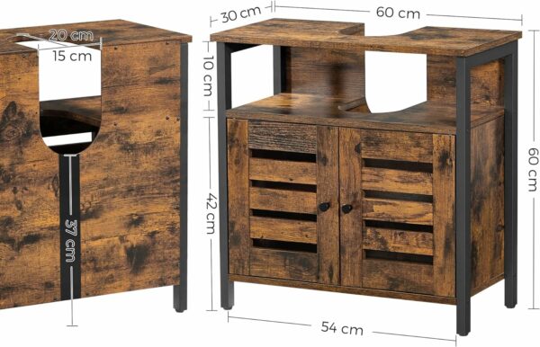 VASAGLE Fürdőszoba szekrény alj mosdóhoz, 2 ajtós, 2 polccal, fehér 60x30x60 cm, rusztikus barna - Image 2
