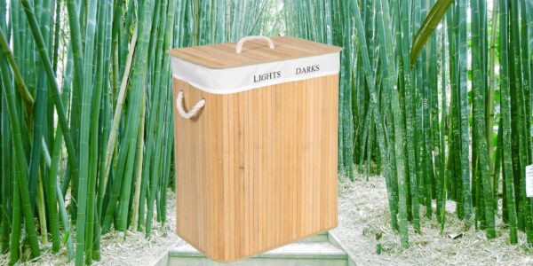 RESIGILAT: SONGMICS Cos de rufe din bambus cu capac, 2 compartimente, sac detasabil, volum 100L, 52x32x62cm, maro - Image 12