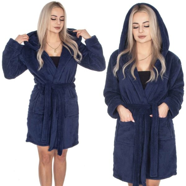 Női térdig érő fürdőköpeny kapucnival, L/XL méret, sötétkék - Image 21