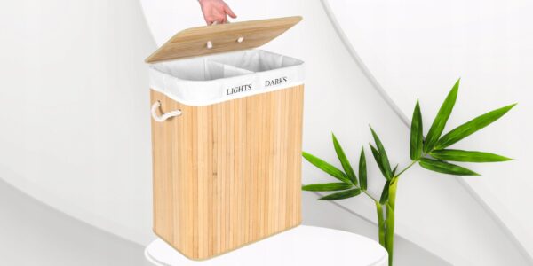 RESIGILAT: SONGMICS Cos de rufe din bambus cu capac, 2 compartimente, sac detasabil, volum 100L, 52x32x62cm, maro - Image 13