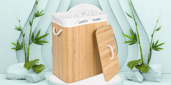 RESIGILAT: SONGMICS Cos de rufe din bambus cu capac, 2 compartimente, sac detasabil, volum 100L, 52x32x62cm, maro - Image 14