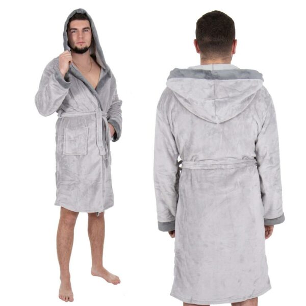 Térdig érő férfi fürdőköpeny, nagy kapucni, M/L méret, szürke - Image 22