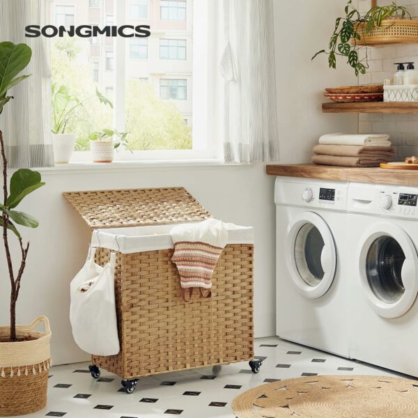 SONGMICS Cos de rufe tesut manual, cu captuseala detasabila lavabila, 3 compartimente, stil ratan, 140 litri, 66x33x60 cm, maro - Image 3