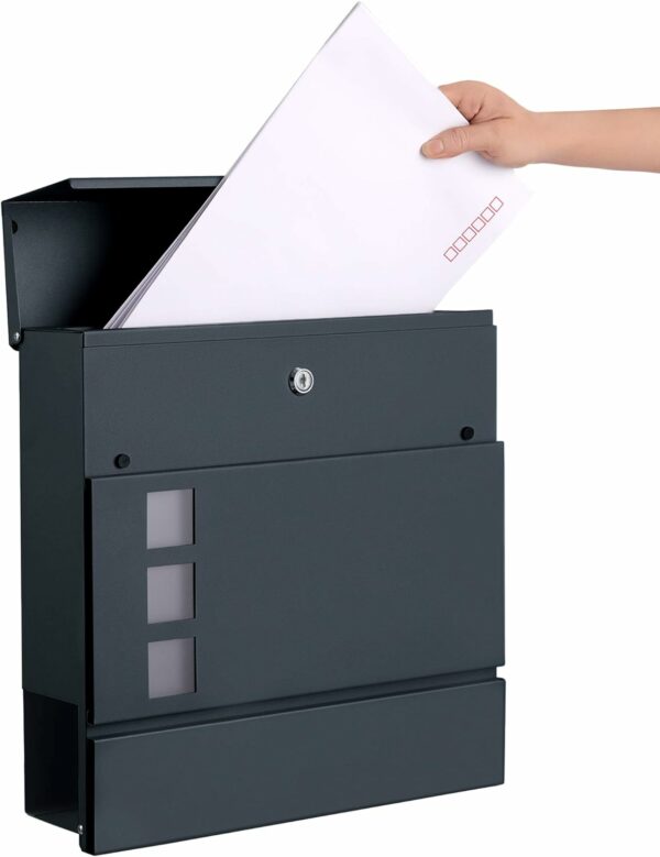 SONGMICS Kültéri postaláda, kerítéshez vagy falhoz, horganyzott acél, zárral, 37x11x37cm, szürke - Image 3