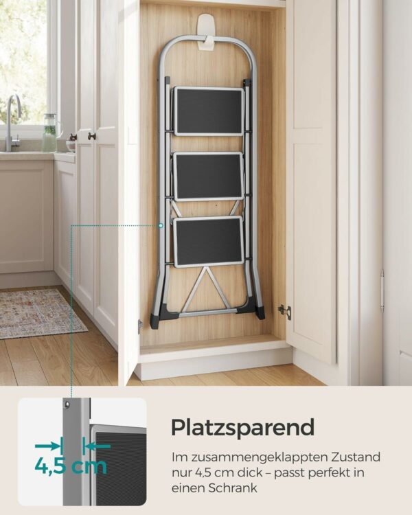SONGMICS Scara pliabila cu 3 trepte, cauciuc antiderapant, sarcina 150 kg, otel, 47x75x105cm, gri si negru - Image 3