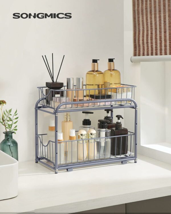 SONGMICS Raft organizator de depozitare cu 2 niveluri, cu sertare glisante, pentru bucatarie sau baie, 21x37x34cm, argintiu - Image 3