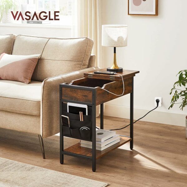 VASAGLE Összecsukható kisasztal, éjjeliszekrény típusú, aljzatokkal és USB portokkal, polccal és textiltáskával, 60x32x60 cm, rusztikus barna - Image 3