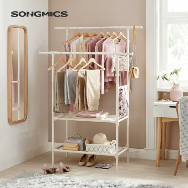 SONGMICS Raft de haine cu bara dubla pentru umerase, 2 polite, incarcare 70 kg, 114x45x171cm, alb - Image 3