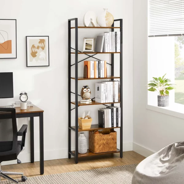 VASAGLE Biblioteca cu cadru otel si 6 polite, stil industrial, 66x30x186cm, maro rustic si negru - Image 4