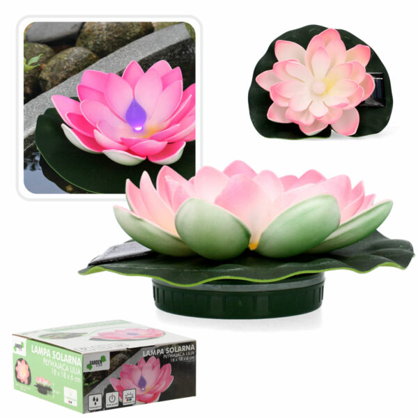 Lampa solara LED de gradina, plutitoare pe apa, floare de nufar roz, 18x18x6cm - Image 2