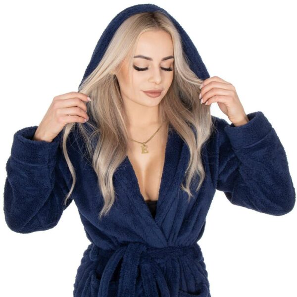 Női térdig érő fürdőköpeny kapucnival, L/XL méret, sötétkék - Image 4