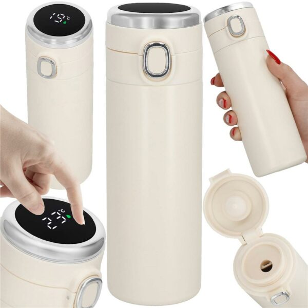 Okos termosz bögre, rozsdamentes acél, LED kijelző, hőmérséklet kijelző, 420ml, 20cm, krém - Image 4