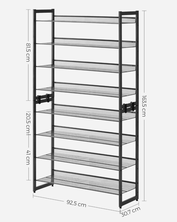 SONGMICS 8 szintes egymásra rakható fém cipőtartó állítható polcokkal 32-40 pár számára, 31x92x163cm, fekete - Image 3