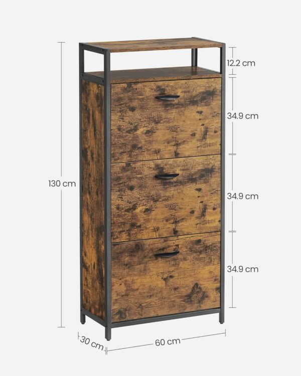 VASAGLE Cipős szekrény 3 összecsukható ajtóval, belső elválasztókkal, 15-18 párnak, 60x30x130cm, orosz barna és fekete - Image 3