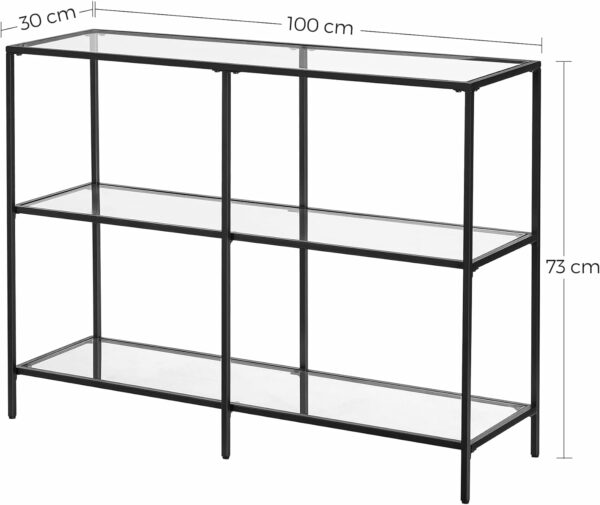 VASAGLE Bejárati asztal, 3 szinten, biztonsági üveglap, fém keret, 30x100x73cm, fekete - Image 3