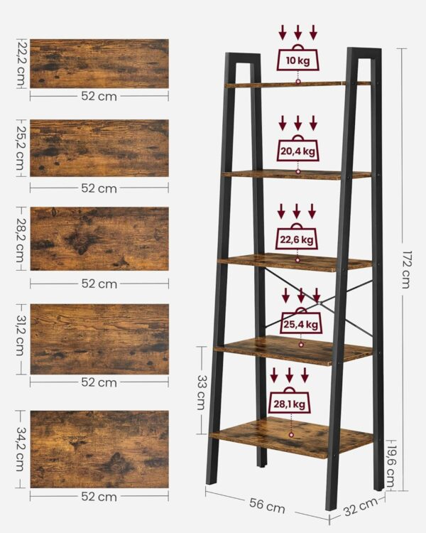 VASAGLE Létra típusú könyvespolc, acél keret 5 db MDF polccal, ipari stílusú, 56x34x172cm, rusztikus barna és fekete - Image 4