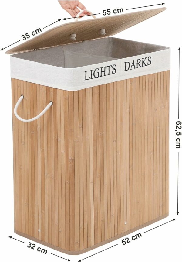 RESIGILAT: SONGMICS Cos de rufe din bambus cu capac, 2 compartimente, sac detasabil, volum 100L, 52x32x62cm, maro - Image 5