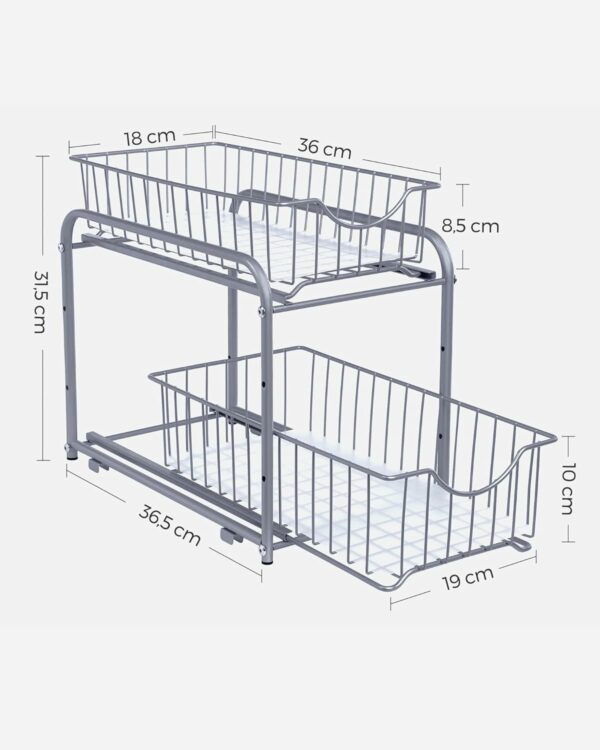 SONGMICS Raft organizator de depozitare cu 2 niveluri, cu sertare glisante, pentru bucatarie sau baie, 21x37x34cm, argintiu - Image 4