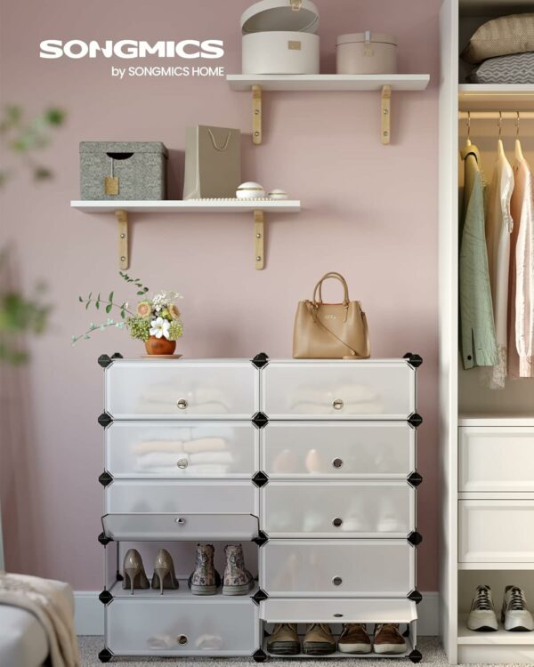 SONGMICS Dulap de depozitare pantofi modular, configurabil cu 10 compartimente, 43x31x173cm, alb - Image 4