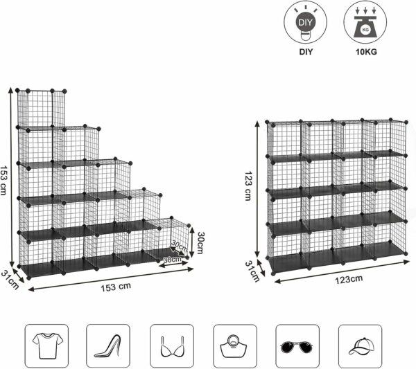 SONGMICS Organizator cu 16 cuburi modulare de depozitare, configurabil, metalic, 123x31x123cm, negru - Image 3
