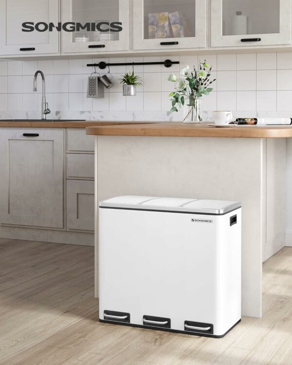 RESIGILAT: SONGMICS Cos de gunoi din inox cu 3 compartimente colectare selectiva, cu galeti interioare, 3x18litri, 62x32x56cm, alb - Image 8