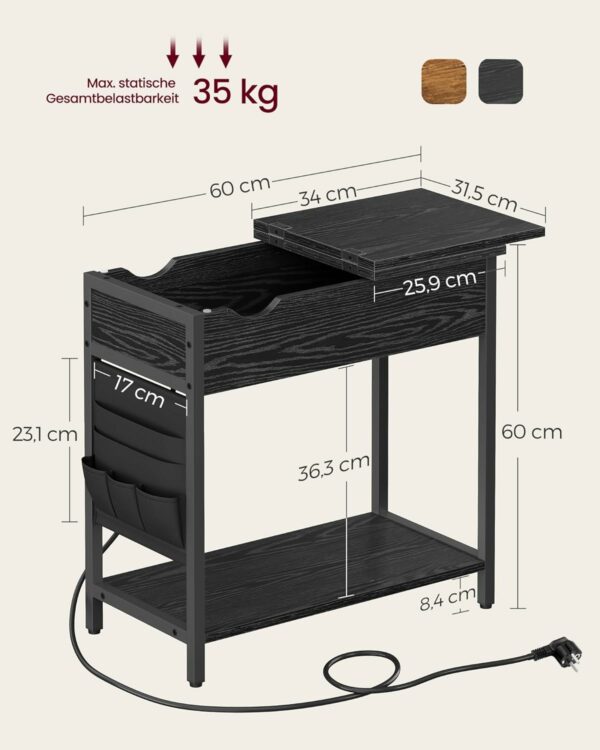 VASAGLE Összecsukható kisasztal, éjjeliszekrény típusú, aljzatokkal és USB portokkal, polccal és textiltáskával, 60x32x60 cm, fekete - Image 4