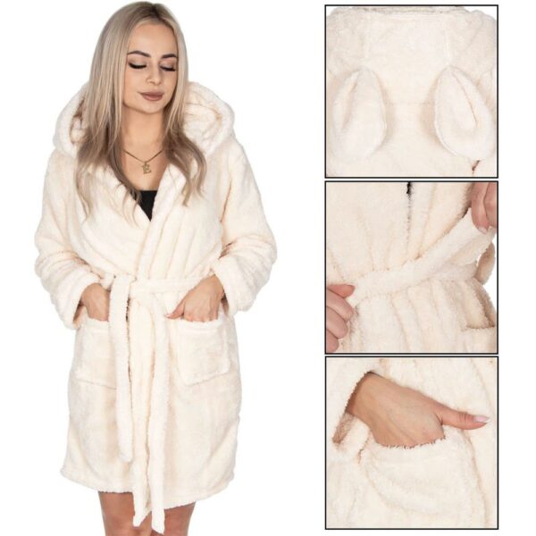 Női térdig érő fürdőköpeny, füles kapucni, L/XL méret, bézs - Image 3