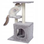Ansamblu de joaca pentru pisici, cu loc pentru zgariat, ascunzatoare, minge, 41x33x73cm, gri