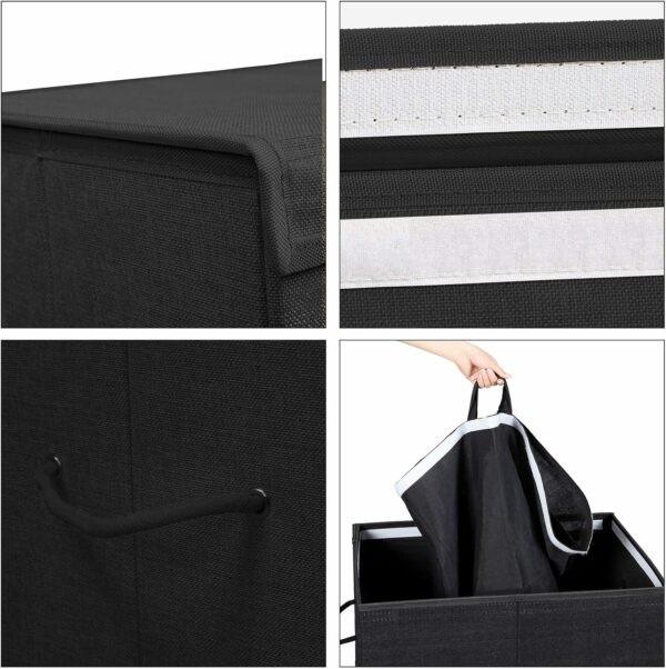 SONGMICS Textil szennyeskosár, összecsukható, 2 rekeszes, kivehető zacskók, 142L, 60x36x66cm, fekete - Image 5