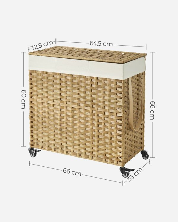 SONGMICS Cos de rufe tesut manual, cu captuseala detasabila lavabila, 3 compartimente, stil ratan, 140 litri, 66x33x60 cm, maro - Image 5