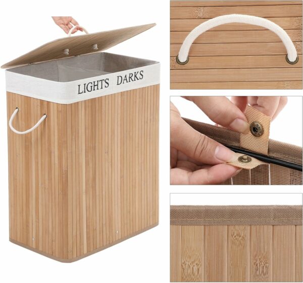 RESIGILAT: SONGMICS Cos de rufe din bambus cu capac, 2 compartimente, sac detasabil, volum 100L, 52x32x62cm, maro - Image 6