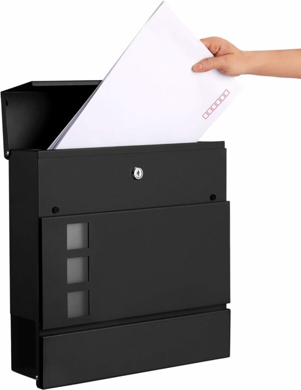 SONGMICS Kültéri postaláda, kerítésre vagy falra, horganyzott acél, zárral, 37x11x37cm, fekete - Image 5