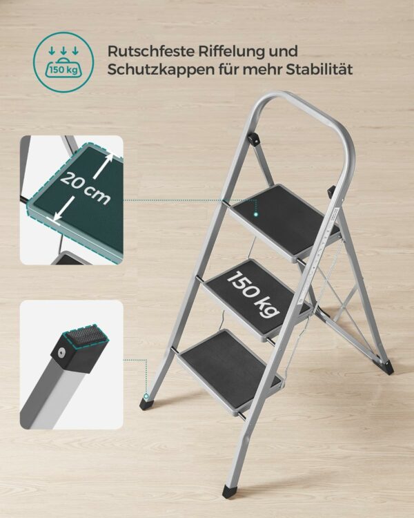 SONGMICS Scara pliabila cu 3 trepte, cauciuc antiderapant, sarcina 150 kg, otel, 47x75x105cm, gri si negru - Image 5