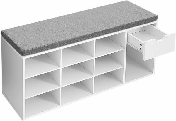 VASAGLE Banca de depozitare cu suport pentru pantofi, 10 compartimente si dulap, cu perna, 30x104x48cm, alb - Image 5