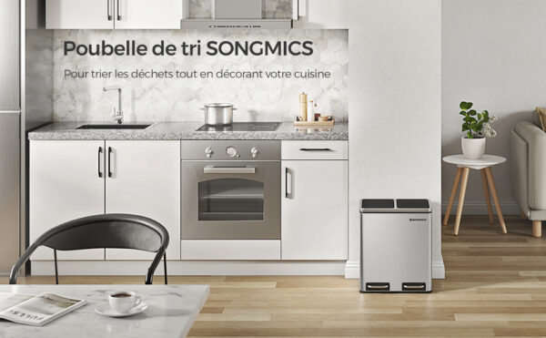 SONGMICS Rozsdamentes acél szemetes 2 db szelektív hulladékgyűjtővel, belső vödrökkel, 2x15 literes, ezüst és fekete - Image 6
