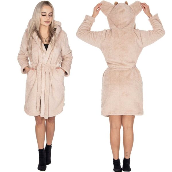 Női térdig érő fürdőköpeny, füles kapucni, L/XL méret, bézs - Image 5