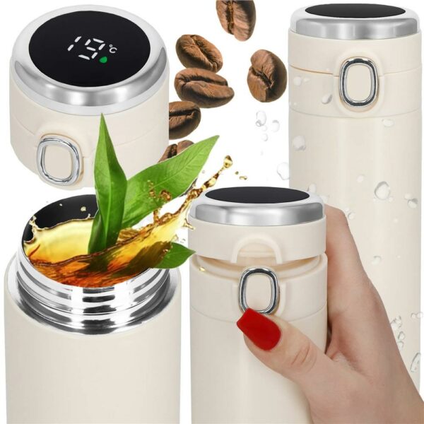Okos termosz bögre, rozsdamentes acél, LED kijelző, hőmérséklet kijelző, 420ml, 20cm, krém - Image 6