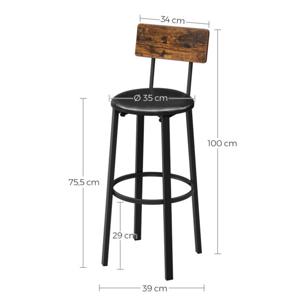 VASAGLE Set 2 scaune de bar cu spatar din PAL, sezut moale tapitat, 39x100x76cm, maro rustic si negru - Image 5