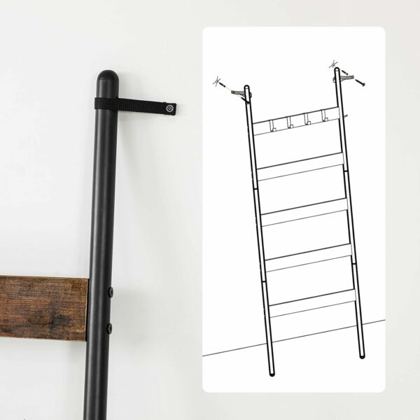 VASAGLE Fürdőszoba akasztós típusú ferde létra, acél váz 5 szintes, kivehető akasztók, 65x178cm, rusztikus barna és fekete - Image 6