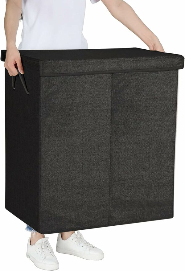 SONGMICS Textil szennyeskosár, összecsukható, 2 rekeszes, kivehető zacskók, 142L, 60x36x66cm, fekete - Image 6