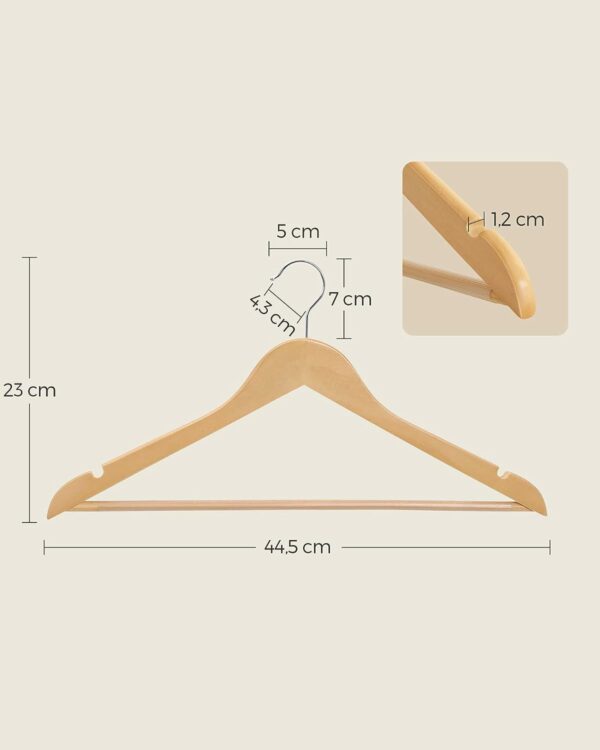 SONGMICS 10 db-os fa vállfas szett csúszásgátló rúddal, 360°-ban elforgatható kampóval, 45cm, natúr - Image 6