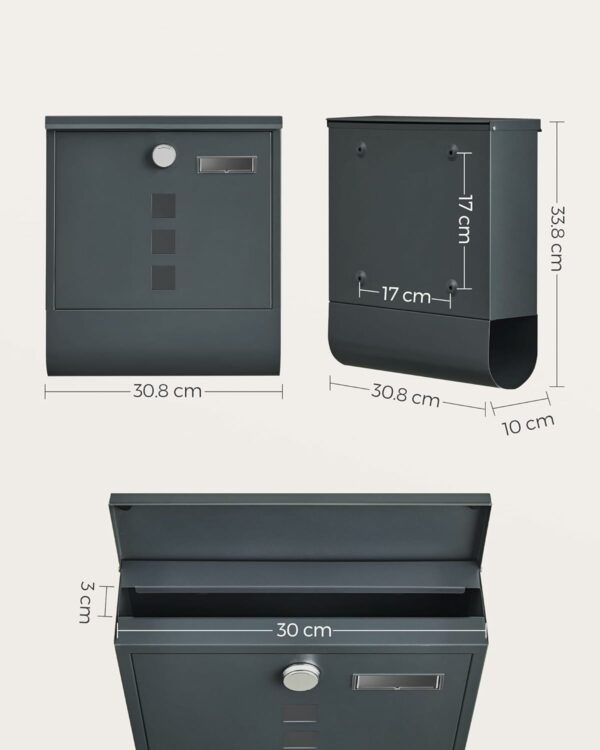 SONGMICS Cutie postala de exterior, pentru gard sau perete, din otel zincat, cu incuietoare, 31x10x34cm, gri - Image 6