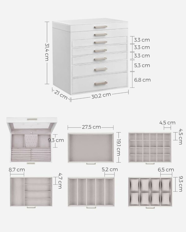 SONGMICS Cutie de bijuterii din MDF cu 6 nivele, 5 sertare, cu oglinda 31x32x22cm, alb - Image 6