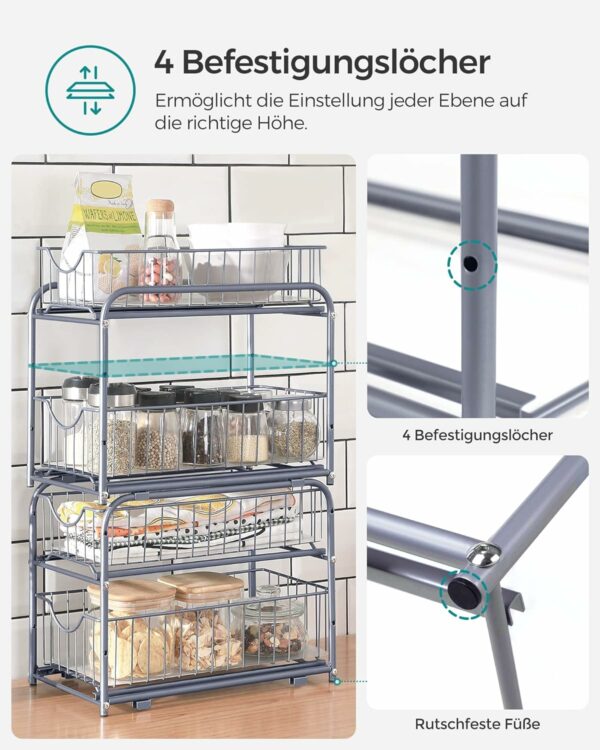 SONGMICS Raft organizator de depozitare cu 2 niveluri, cu sertare glisante, pentru bucatarie sau baie, 21x37x34cm, argintiu - Image 6