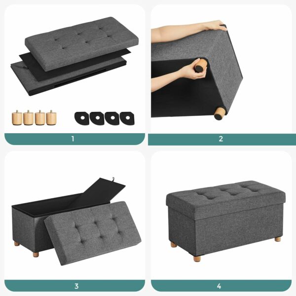 SONGMICS Taburet pliabil cu sezut moale, spatiu de depozitare, maxim 300kg, 76x38x40cm, gri deschis - Image 6